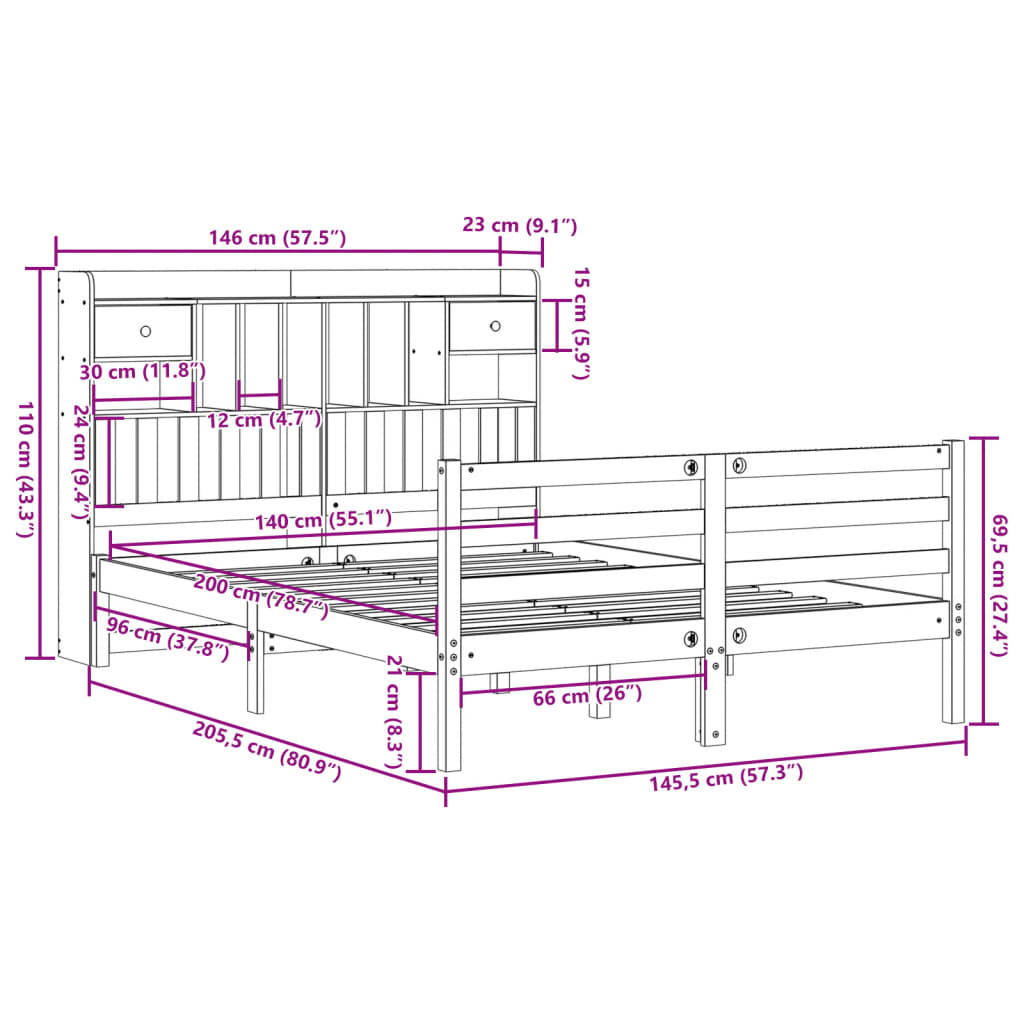 Bed met boekenkast zonder matras grenenhout wit 140x200 cm