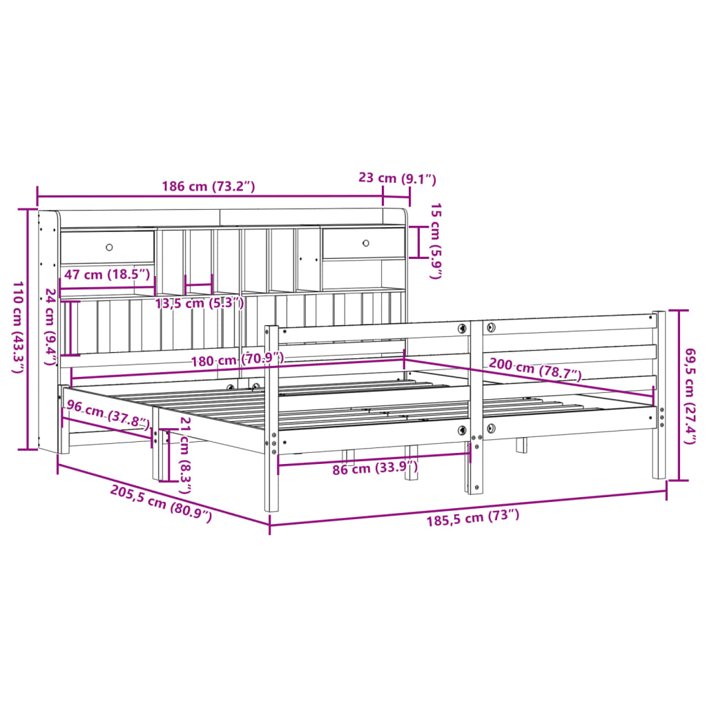 Bed met boekenkast zonder matras grenenhout wit 180x200 cm