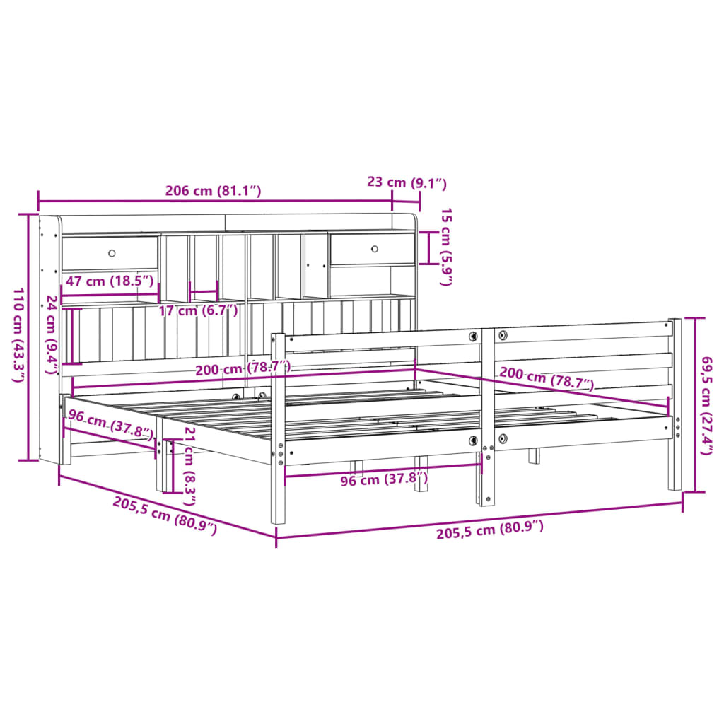 Bed met boekenkast zonder matras grenenhout wit 200x200 cm