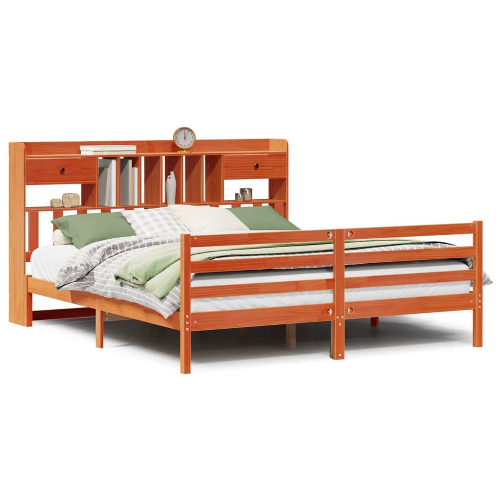 Bed met boekenkast zonder matras grenenhout wasbruin 180x200 cm