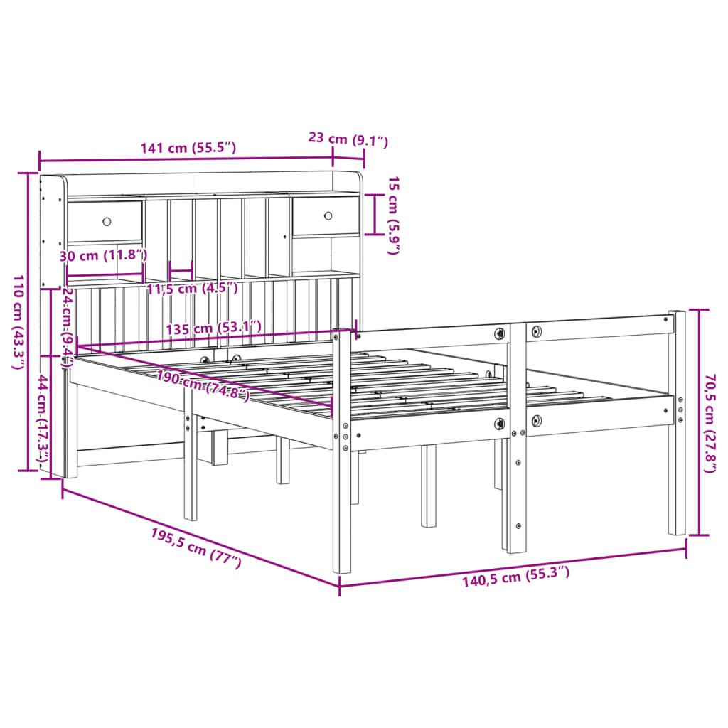 Bed met boekenkast zonder matras grenenhout wit 135x190 cm