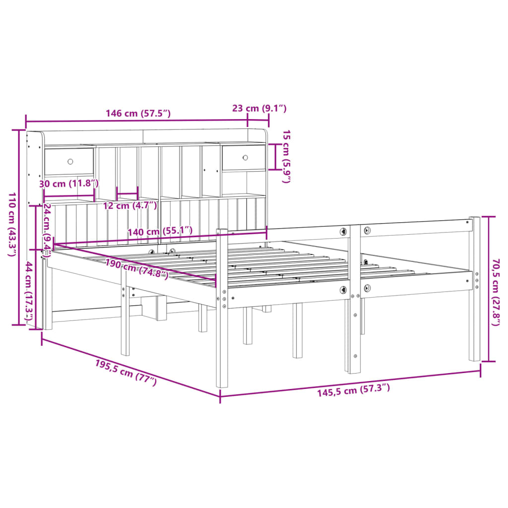 Bed met boekenkast zonder matras grenenhout wit 140x190 cm