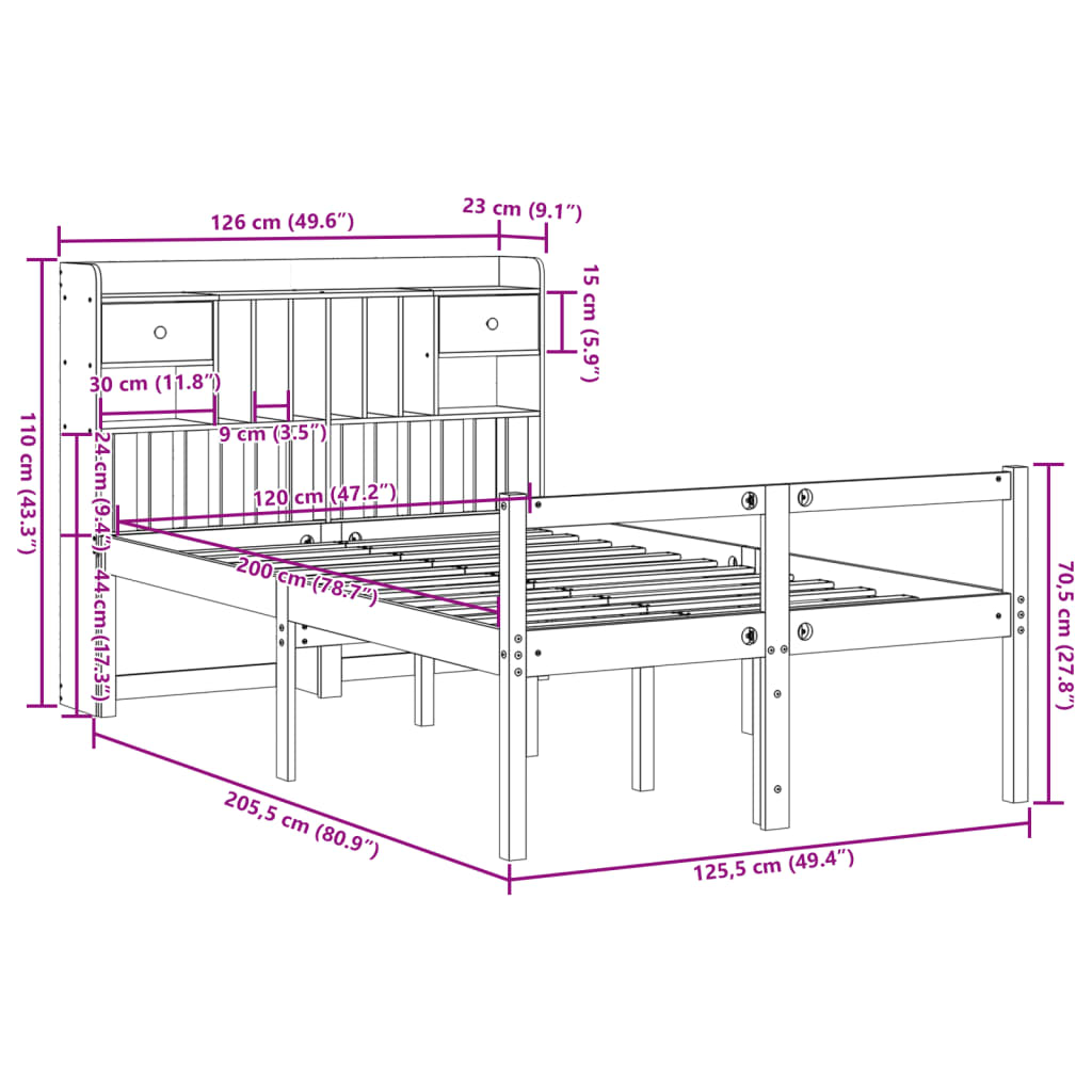 Bed met boekenkast zonder matras grenenhout wit 120x200 cm