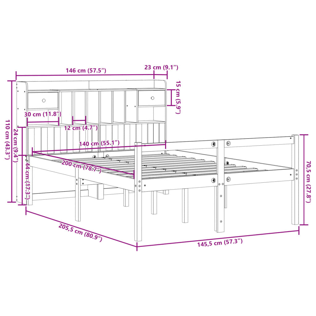 Bed met boekenkast zonder matras grenenhout wit 140x200 cm