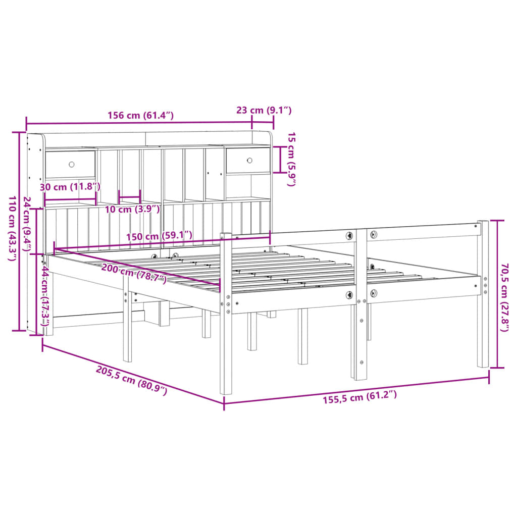 Bed met boekenkast zonder matras grenenhout wit 150x200 cm