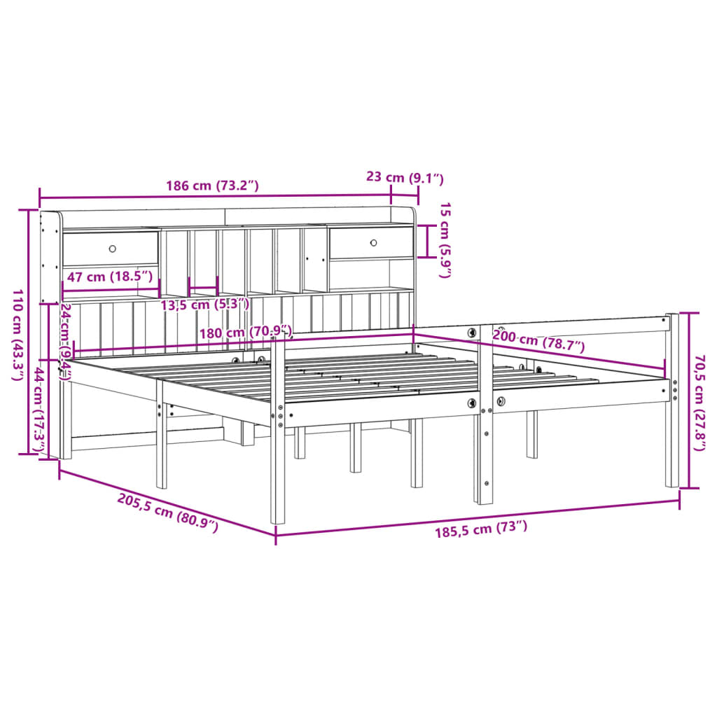 Bed met boekenkast zonder matras grenenhout wit 180x200 cm