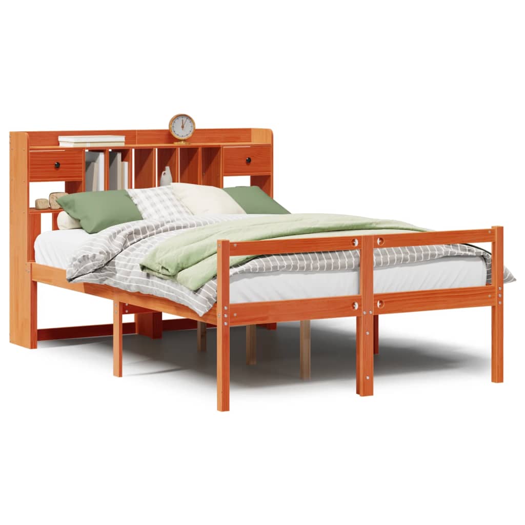 Bed met boekenkast zonder matras grenenhout wasbruin 150x200 cm