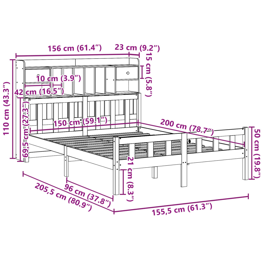 Bed met boekenkast zonder matras grenenhout wit 150x200 cm