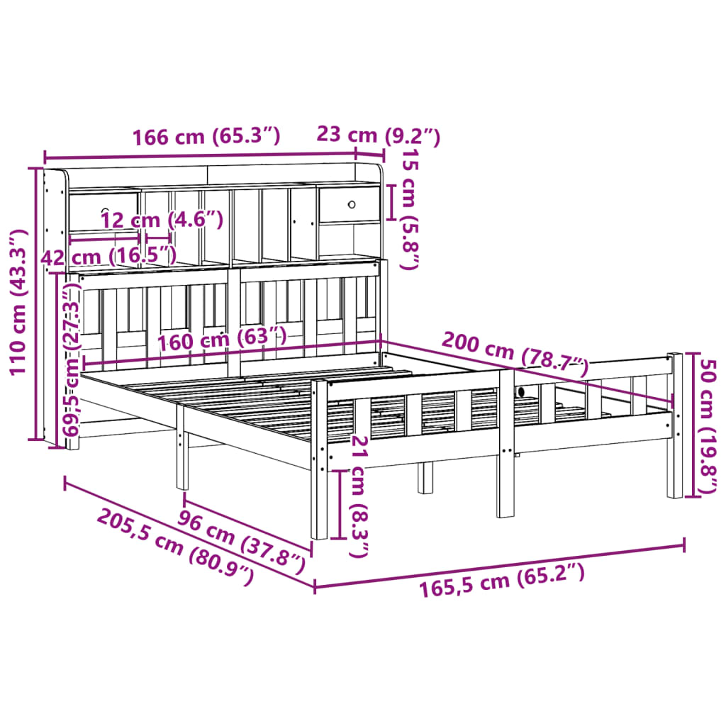 Bed met boekenkast zonder matras grenenhout wit 160x200 cm