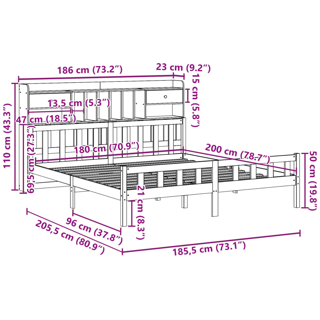 Bed met boekenkast zonder matras grenenhout wit 180x200 cm