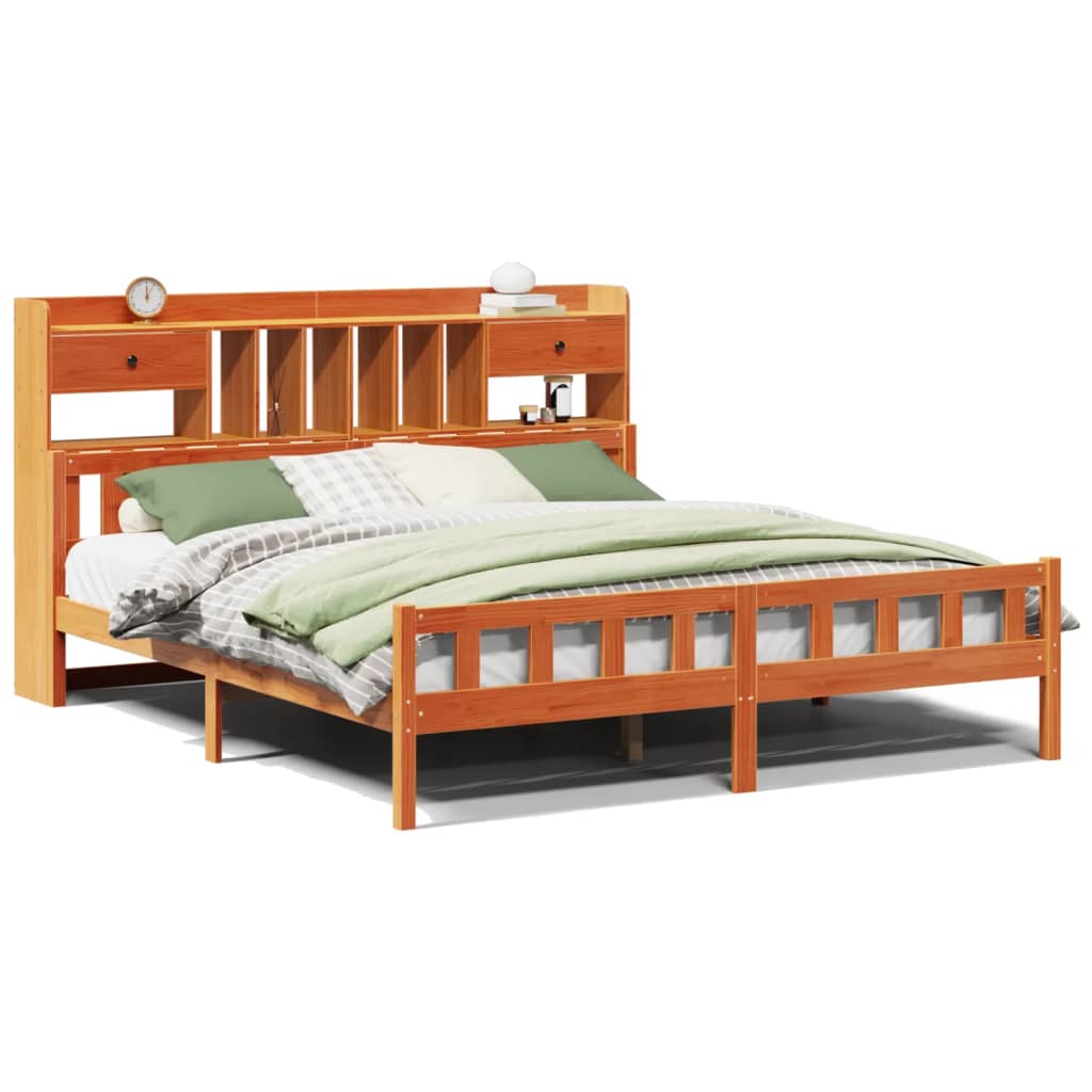 Bed met boekenkast zonder matras grenenhout wasbruin 180x200 cm