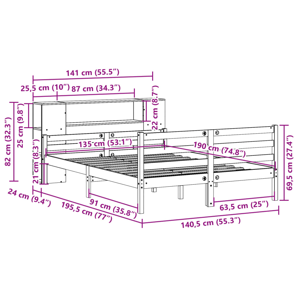 Bed met boekenkast zonder matras grenenhout wit 135x190 cm