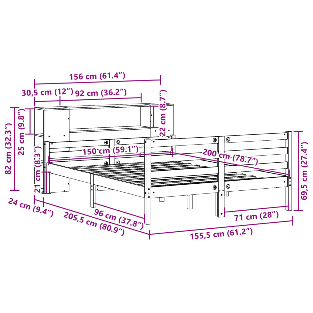 Bed met boekenkast zonder matras grenenhout wit 150x200 cm