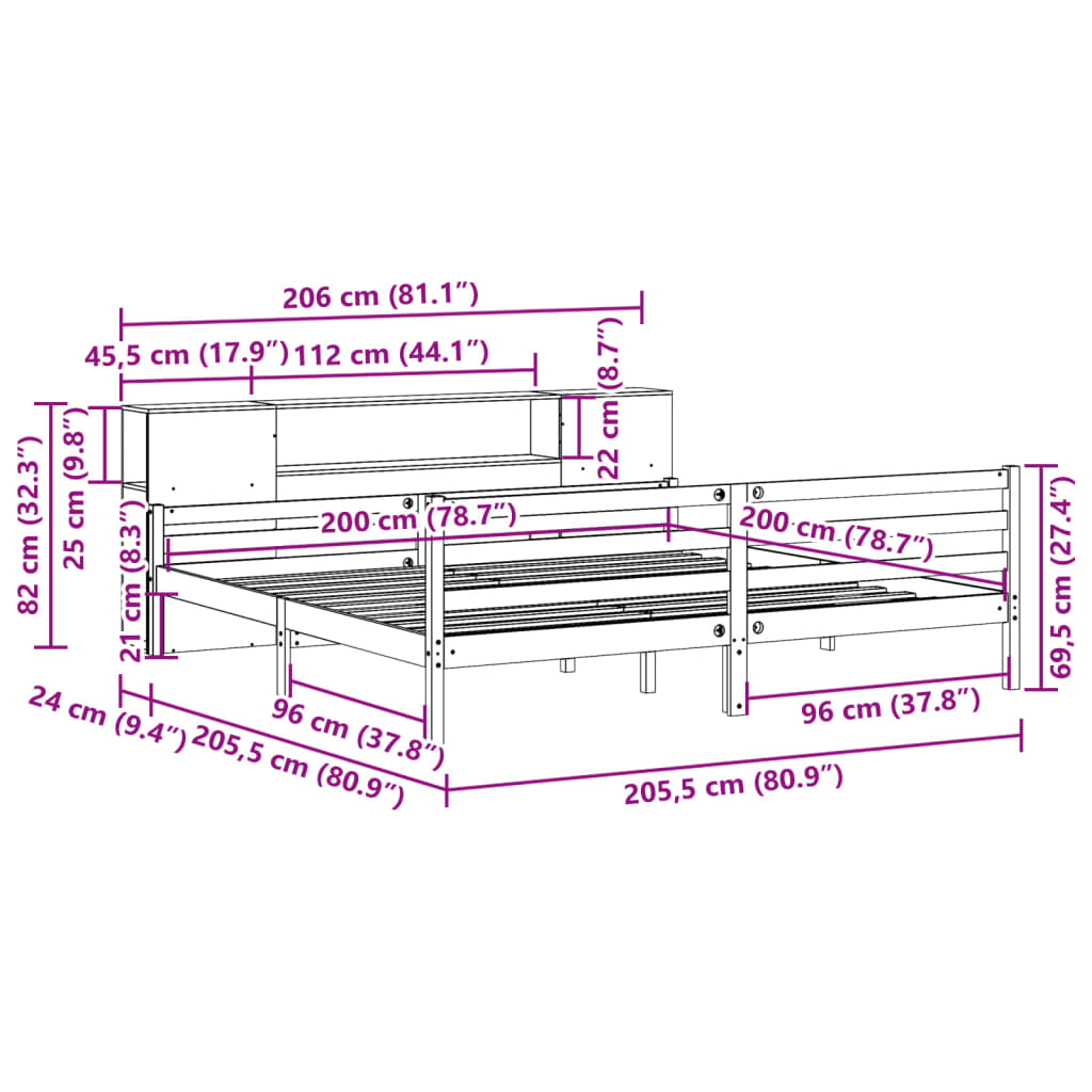 Bed met boekenkast zonder matras grenenhout wit 200x200 cm