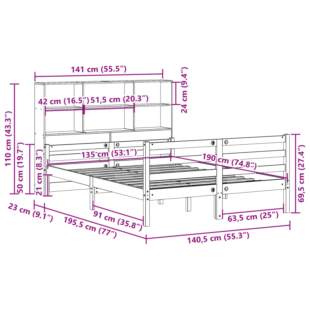 Bed met boekenkast zonder matras grenenhout wit 135x190 cm