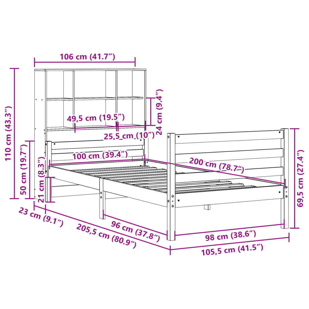 Bed met boekenkast zonder matras grenenhout wit 100x200 cm