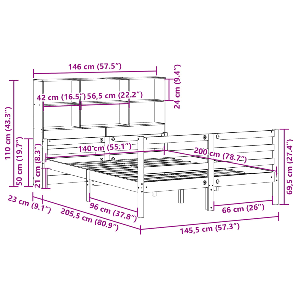 Bed met boekenkast zonder matras grenenhout wit 140x200 cm