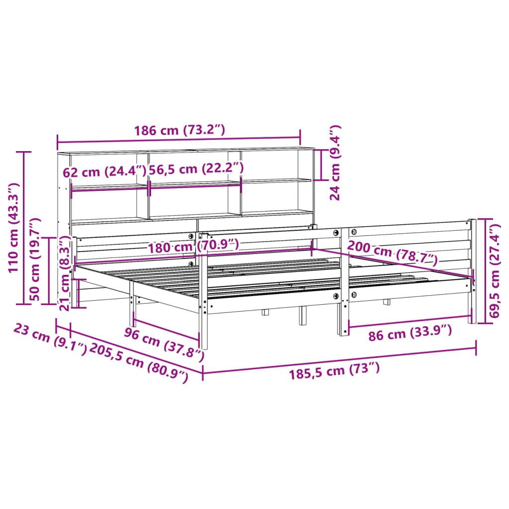 Bed met boekenkast zonder matras grenenhout wit 180x200 cm