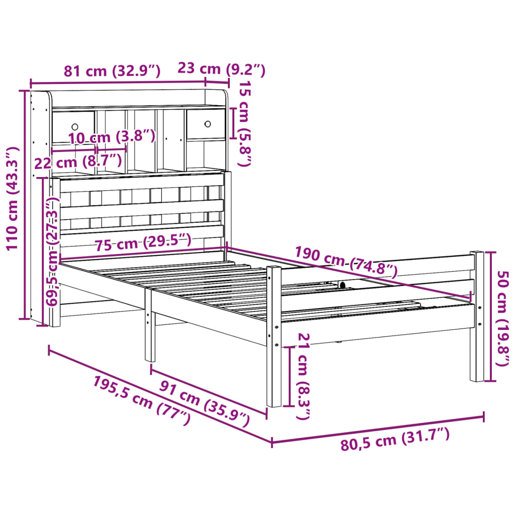 Bed met boekenkast zonder matras massief grenenhout 75x190 cm