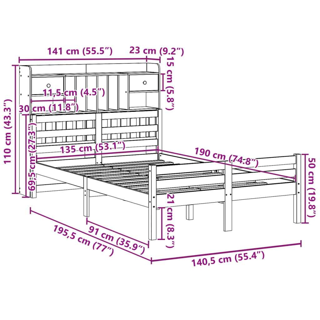 Bed met boekenkast zonder matras grenenhout wit 135x190 cm