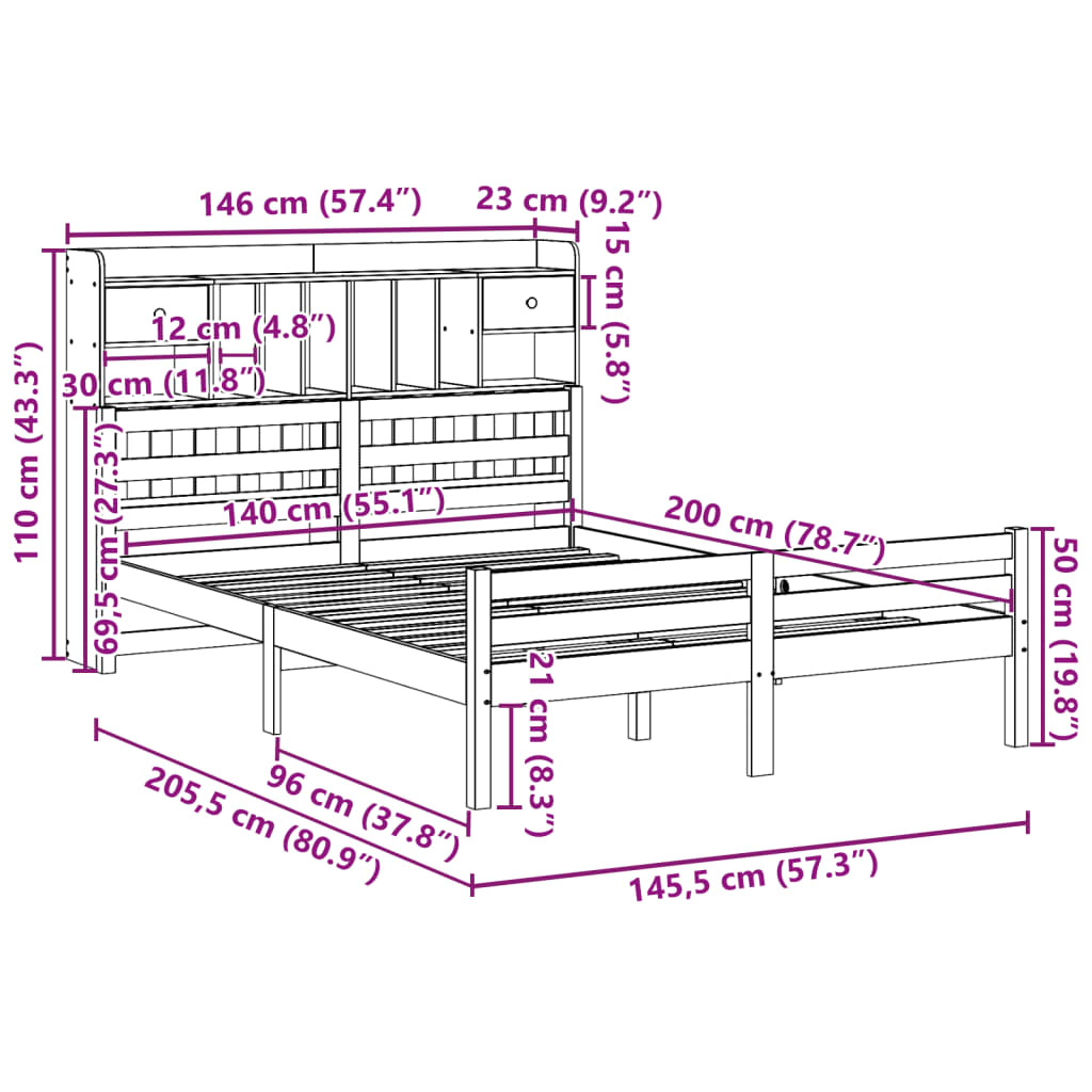 Bed met boekenkast zonder matras grenenhout wit 140x200 cm