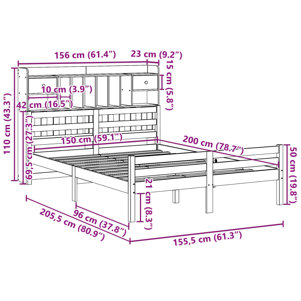 Bed met boekenkast zonder matras grenenhout wit 150x200 cm