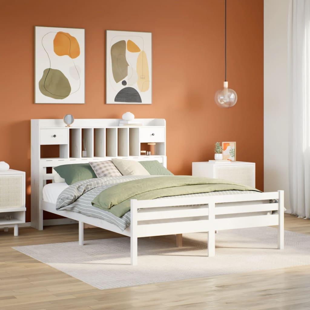 Bed met boekenkast zonder matras grenenhout wit 150x200 cm