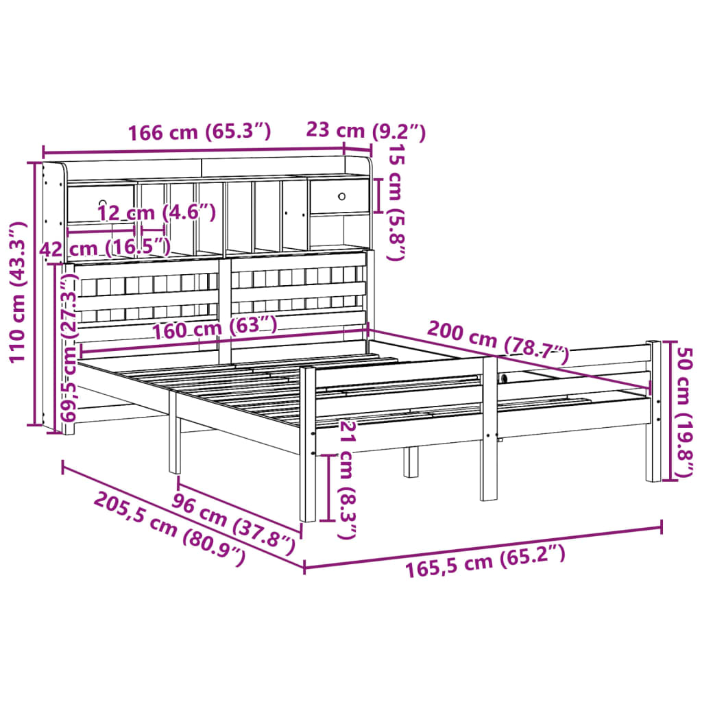 Bed met boekenkast zonder matras grenenhout wit 160x200 cm