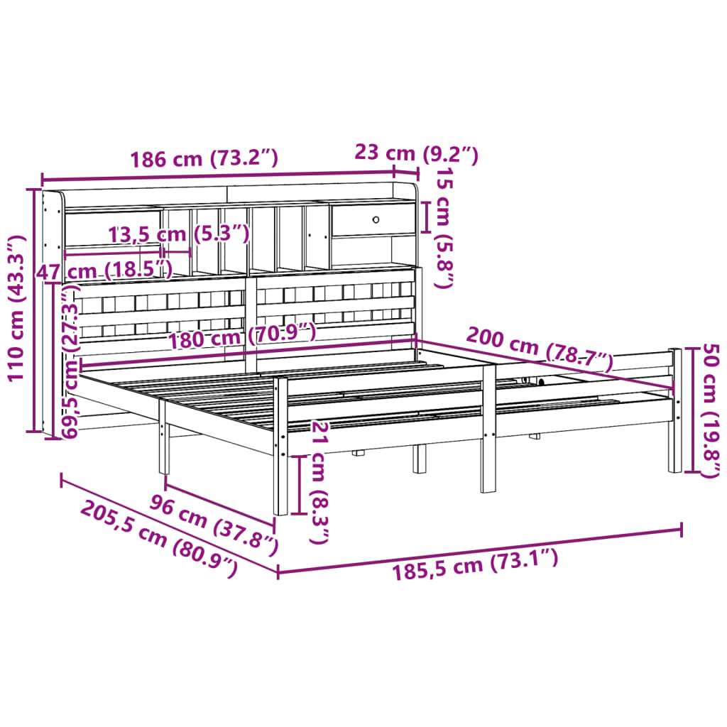 Bed met boekenkast zonder matras grenenhout wit 180x200 cm