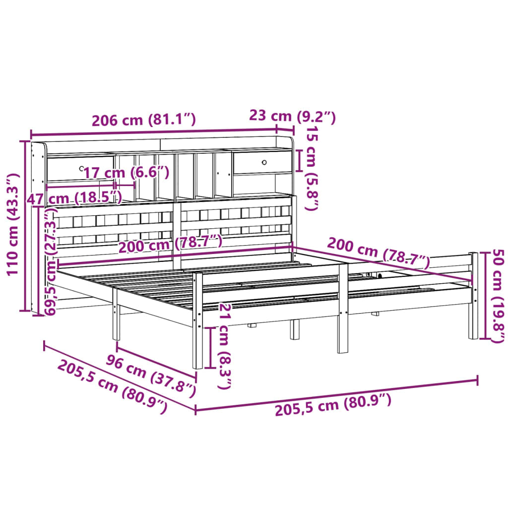 Bed met boekenkast zonder matras grenenhout wit 200x200 cm