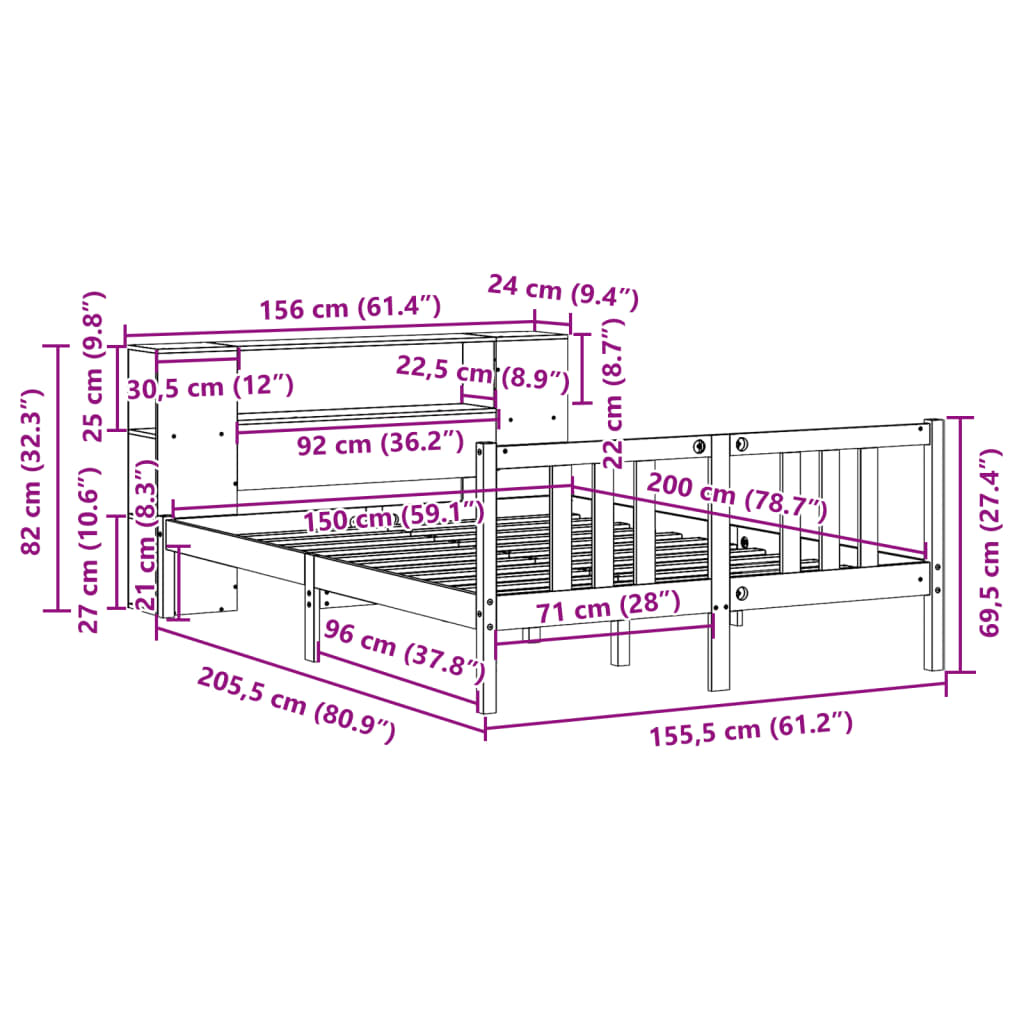 Bed met boekenkast zonder matras grenenhout wit 150x200 cm