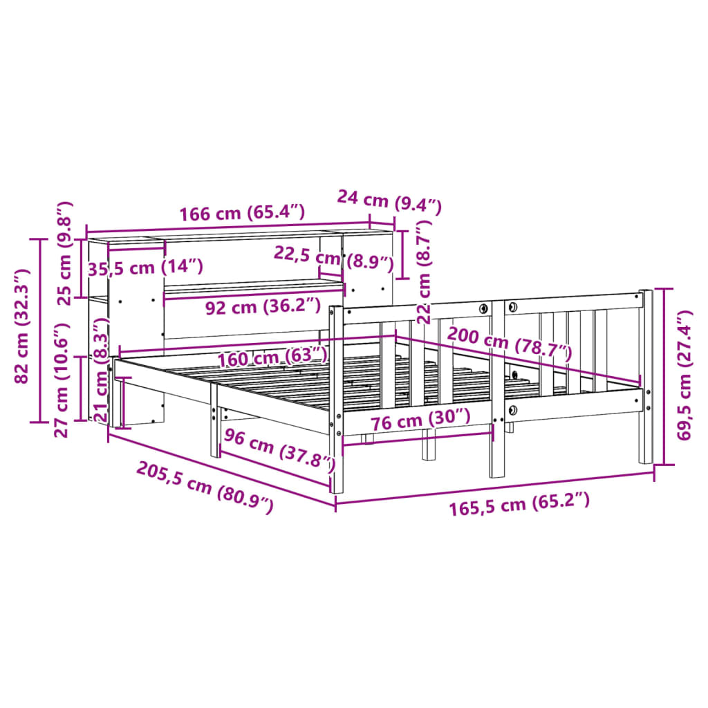 Bed met boekenkast zonder matras grenenhout wit 160x200 cm