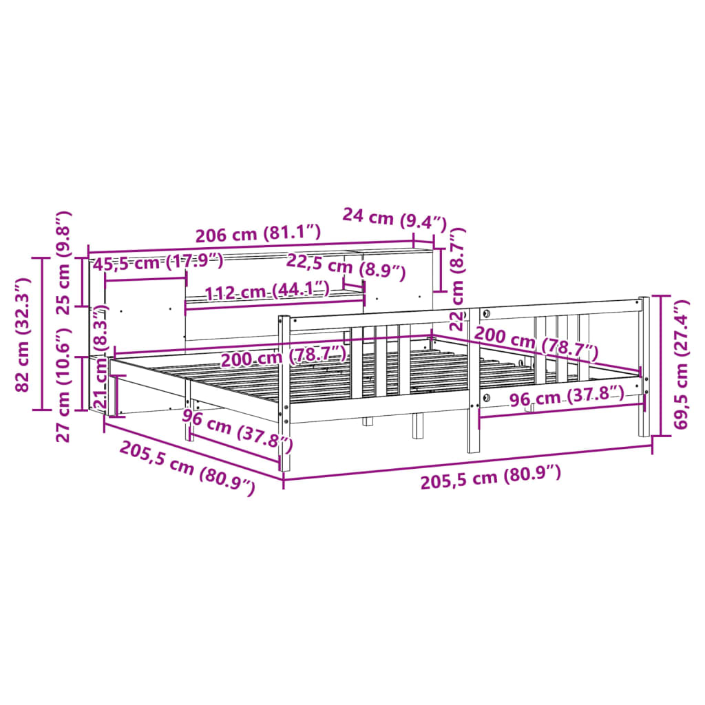 Bed met boekenkast zonder matras grenenhout wit 200x200 cm