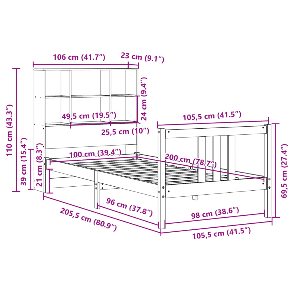 Bed met boekenkast zonder matras grenenhout wit 100x200 cm