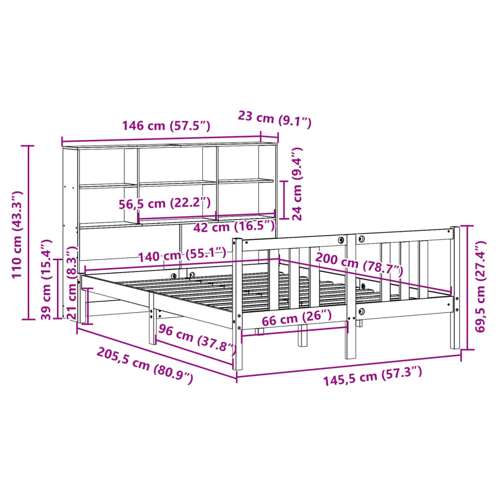 Bed met boekenkast zonder matras grenenhout wit 140x200 cm