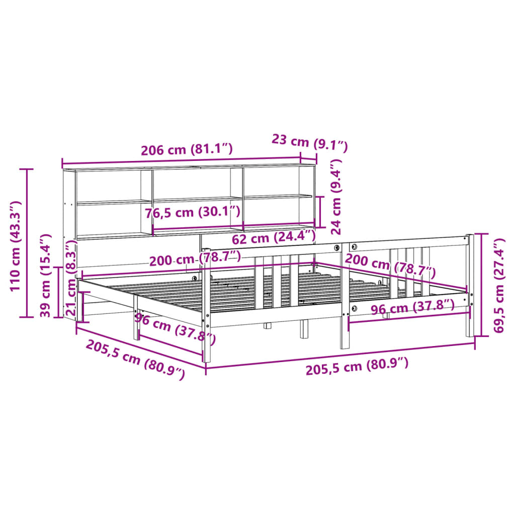 Bed met boekenkast zonder matras grenenhout wit 200x200 cm