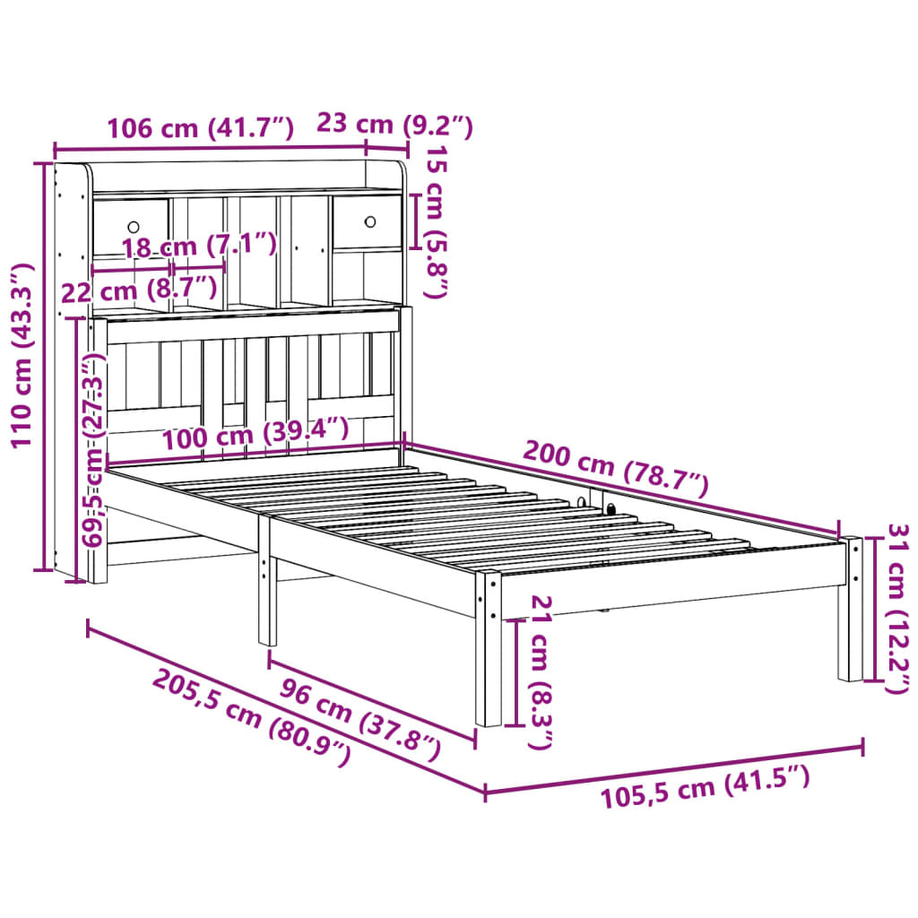 Bed met boekenkast zonder matras grenenhout wit 100x200 cm