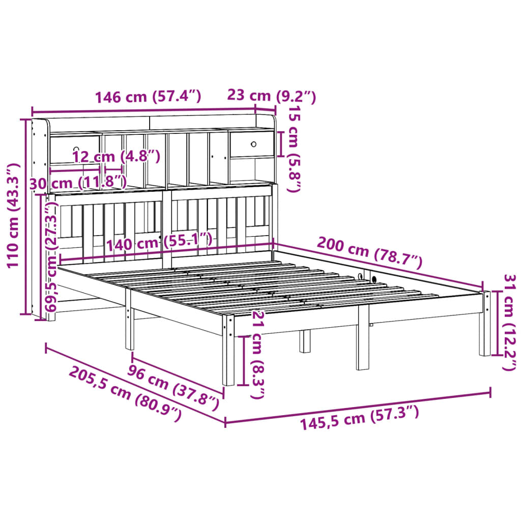 Bed met boekenkast zonder matras grenenhout wit 140x200 cm