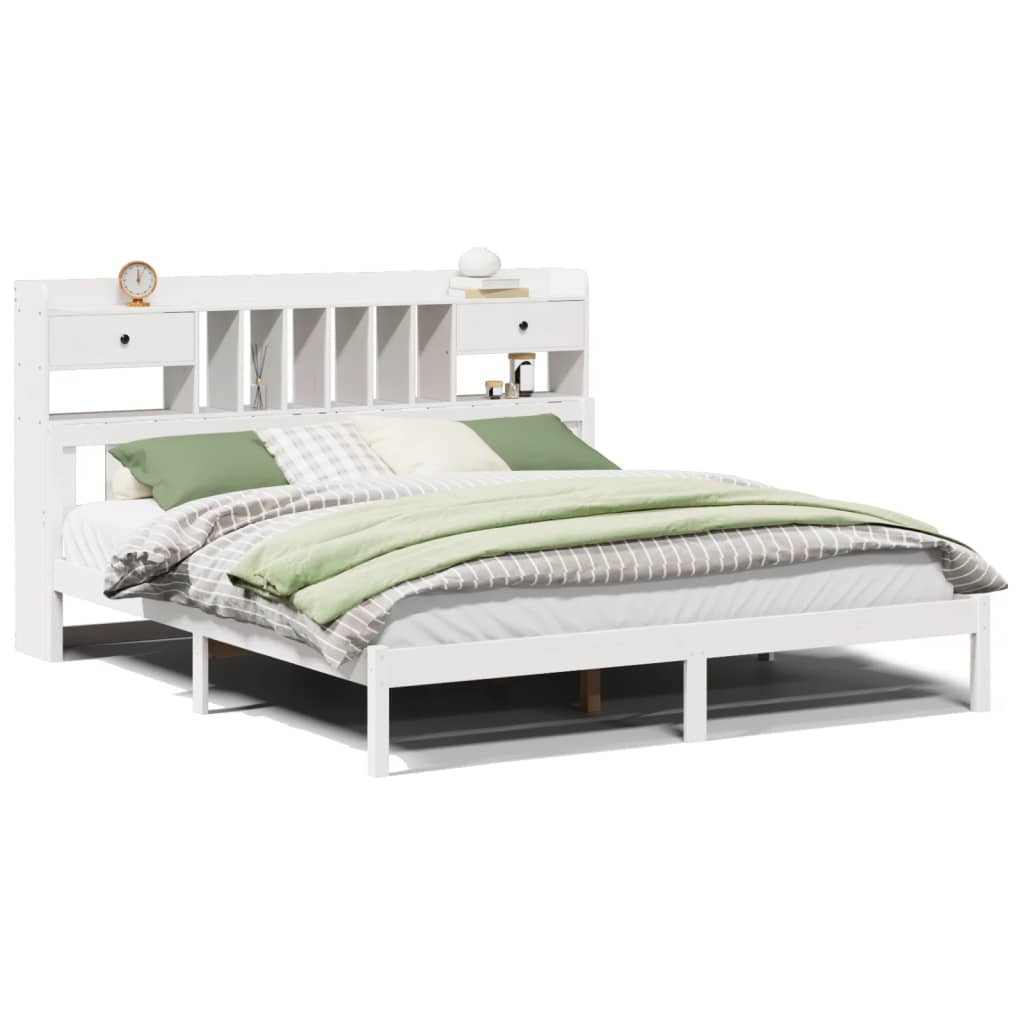 Bed met boekenkast zonder matras grenenhout wit 200x200 cm