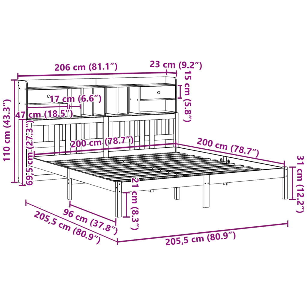 Bed met boekenkast zonder matras grenenhout wit 200x200 cm