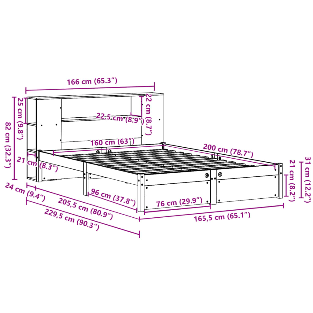 Bed met boekenkast zonder matras massief grenenhout 160x200 cm