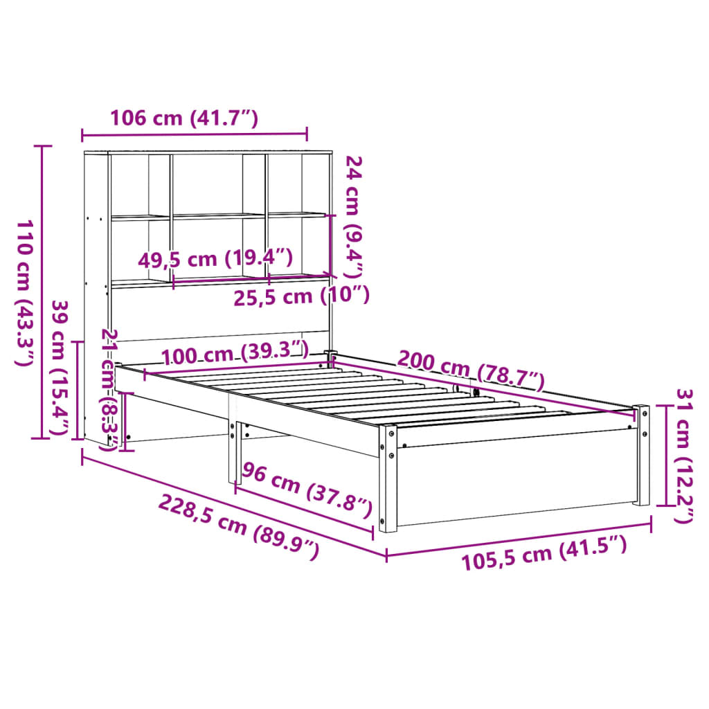 Bed met boekenkast zonder matras grenenhout wit 100x200 cm