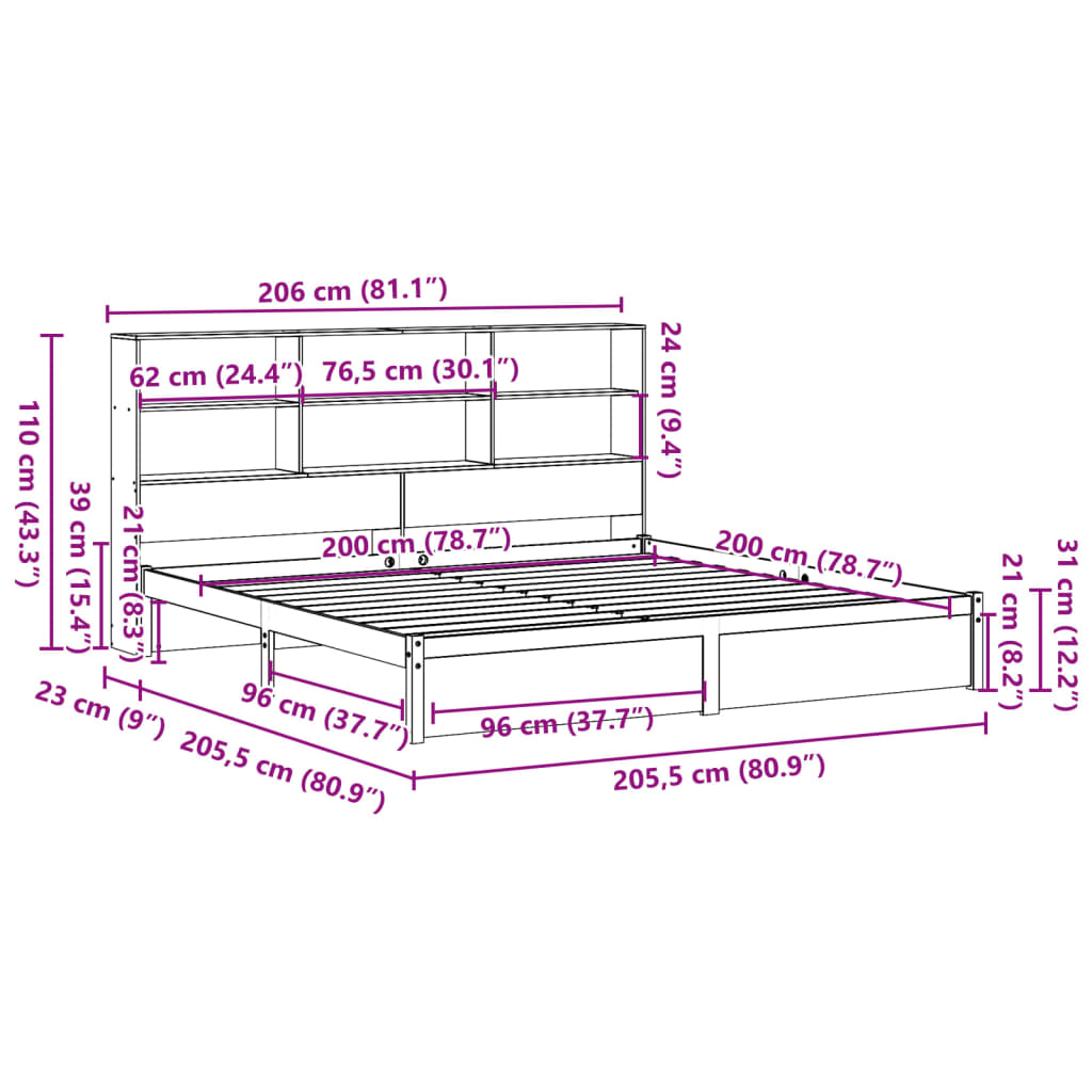 Bed met boekenkast zonder matras massief grenenhout 200x200 cm