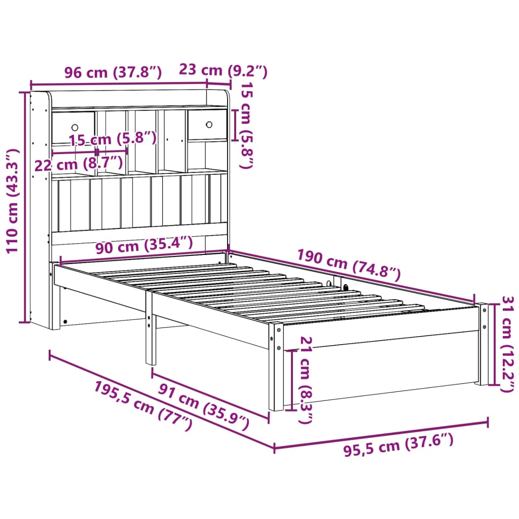 Bed met boekenkast zonder matras grenenhout wit 90x190 cm