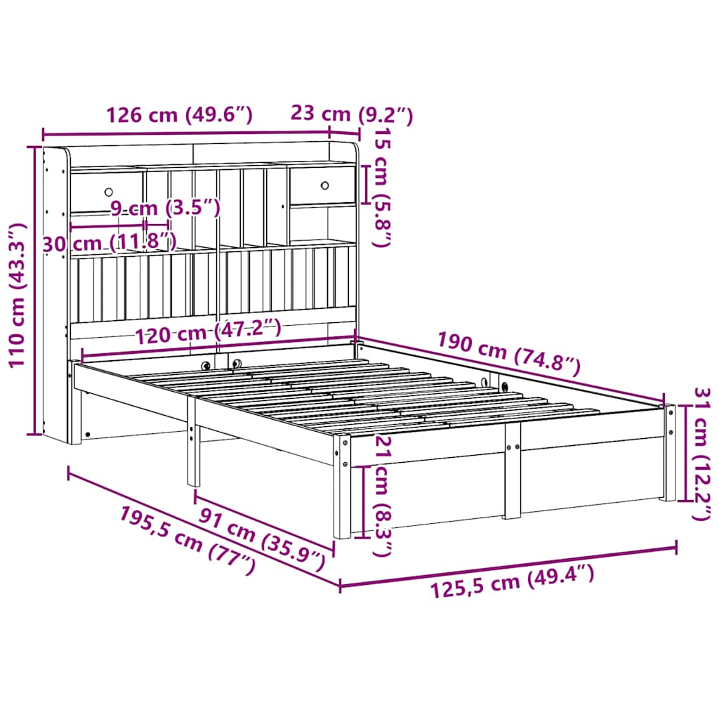 Bed met boekenkast zonder matras grenenhout wit 120x190 cm