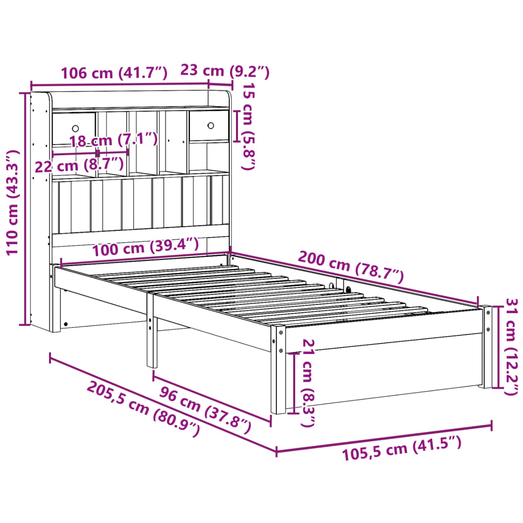 Bed met boekenkast zonder matras grenenhout wit 100x200 cm