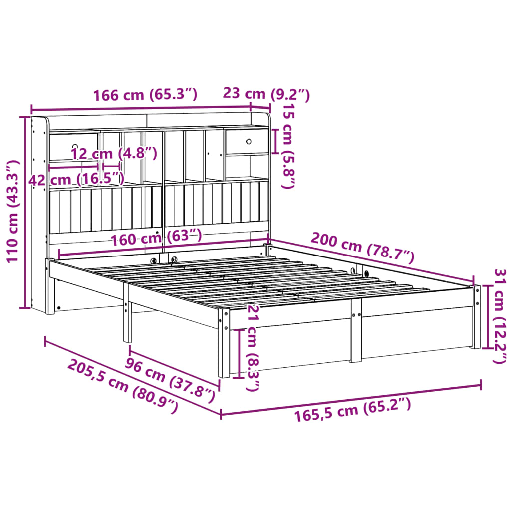 Bed met boekenkast zonder matras grenenhout wit 160x200 cm