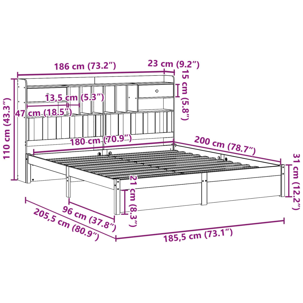 Bed met boekenkast zonder matras grenenhout wit 180x200 cm