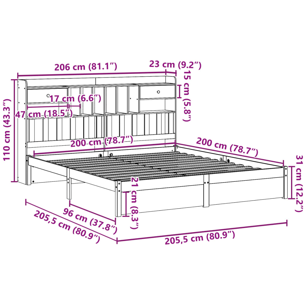 Bed met boekenkast zonder matras massief grenenhout 200x200 cm