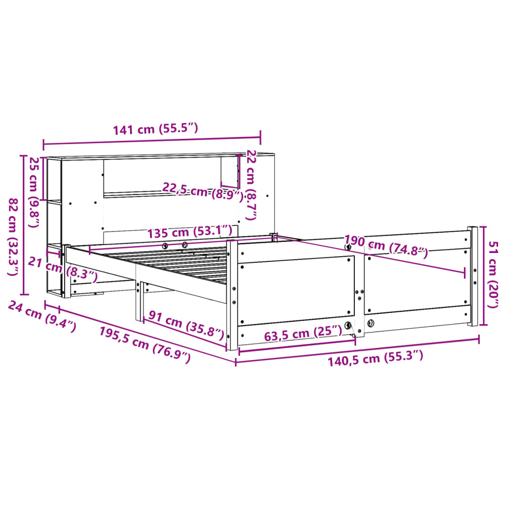 Bed met boekenkast zonder matras grenenhout wit 135x190 cm